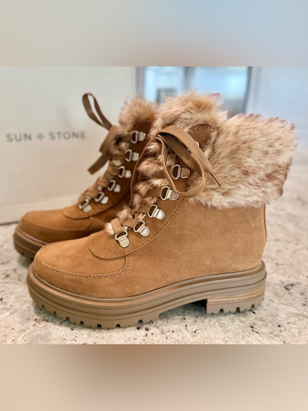 Sun Stone Womens Orlaa Ankle Cold Weather Lug Sole Boots in Tan